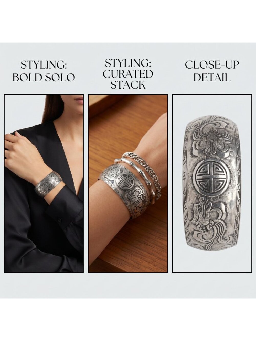 Chinese Dragon Silver Tone Cuff Bracelet, Ornate Textured Wide Metal Longevity